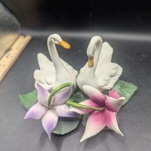 Vtg Capodimonte Italy Porcelain Swan Pair with Pink and Lavender Flowers As Is